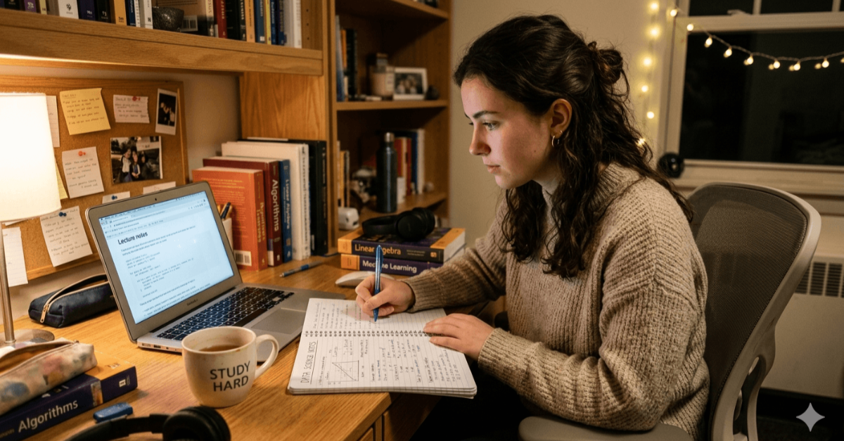 Student studying on laptop with notebook